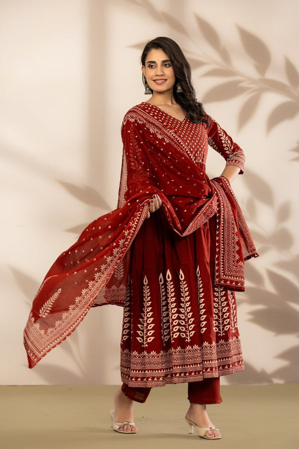 Royale Maroon Printed Anarkali Kurta Set with Dupatta