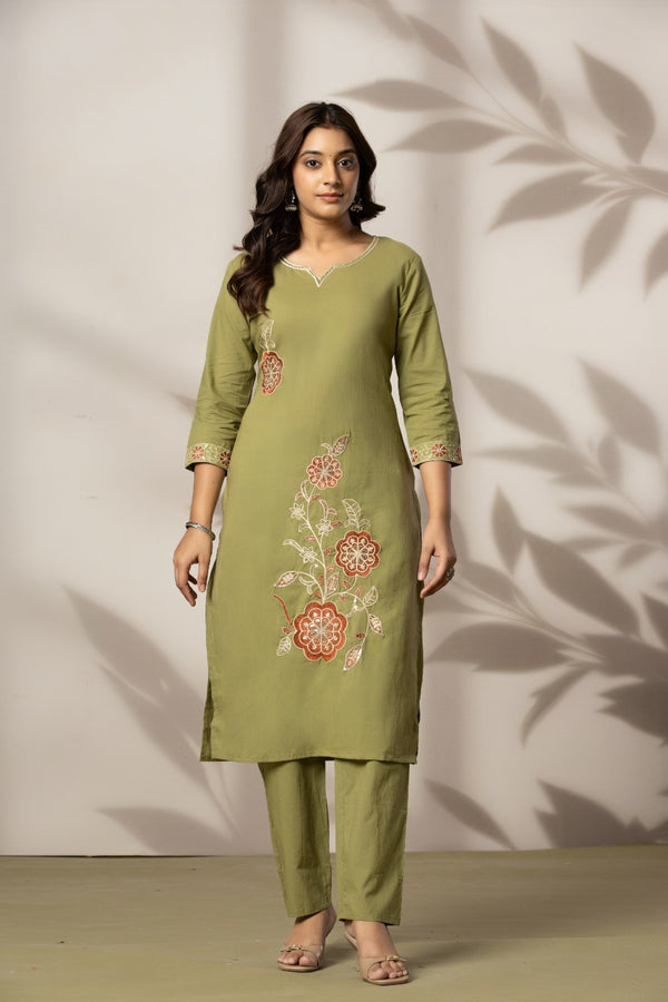 Olive Blossom – Premium Cotton Embroidered Kurta Pant with Dupatta Set