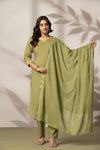 Olive Blossom – Premium Cotton Embroidered Kurta Pant with Dupatta Set
