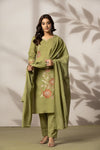 Olive Blossom – Premium Cotton Embroidered Kurta Pant with Dupatta Set