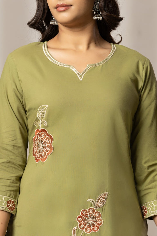 Olive Blossom – Premium Cotton Embroidered Kurta Pant with Dupatta Set