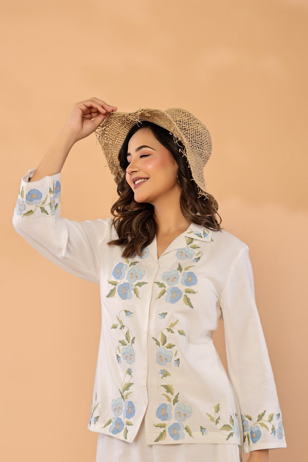 Celeste Bloom – Premium Cotton Flex Embroidered Shirt & Pant Co-Ord Set