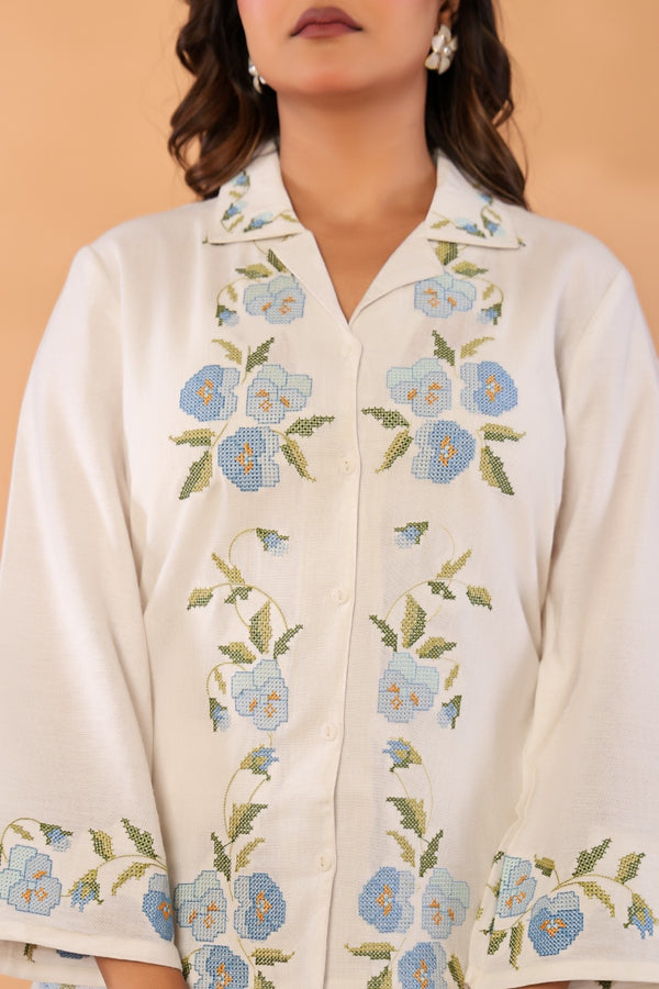 Celeste Bloom – Premium Cotton Flex Embroidered Shirt & Pant Co-Ord Set