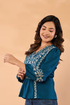 Women Teal Blue Floral Embroidered Peplum Top
