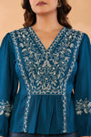 Women Teal Blue Floral Embroidered Peplum Top