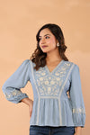 Celeste Bloom – Premium Crape Embroidered V-Neck Top