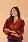 Women V-Neck Embroidered Western Top