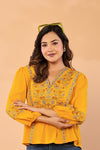 Women’s Mustard Embroidered Crape Top with V-Neck