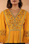 Women’s Mustard Embroidered Crape Top with V-Neck