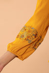 Women’s Mustard Embroidered Crape Top with V-Neck