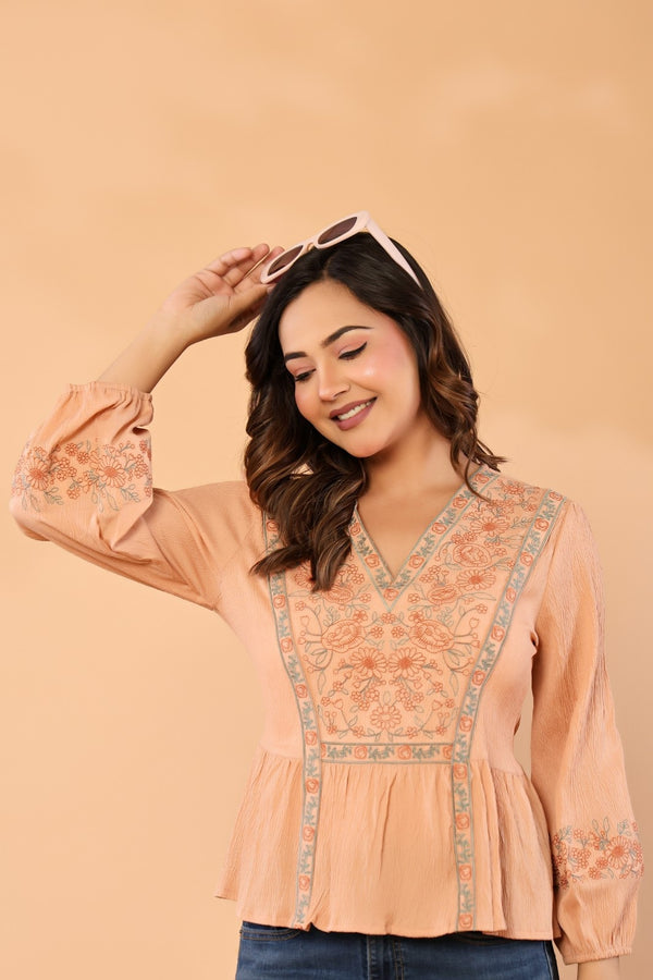 Women Peach Floral Embroidered Cotton Peplum Top