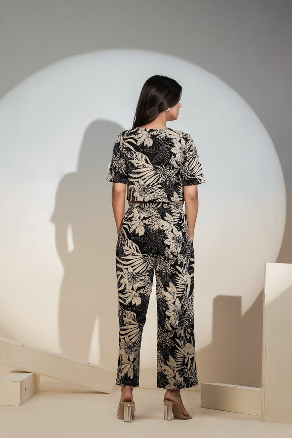 Black Tropical Printed Co-ord Set for Women – Crop Top & Pants