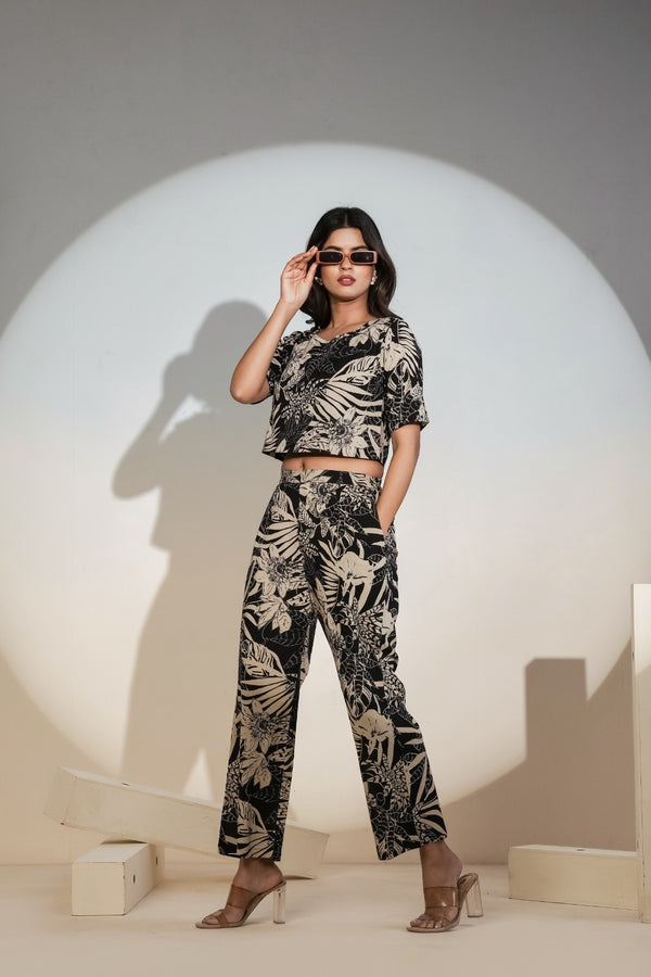 Black Tropical Printed Co-ord Set for Women – Crop Top & Pants