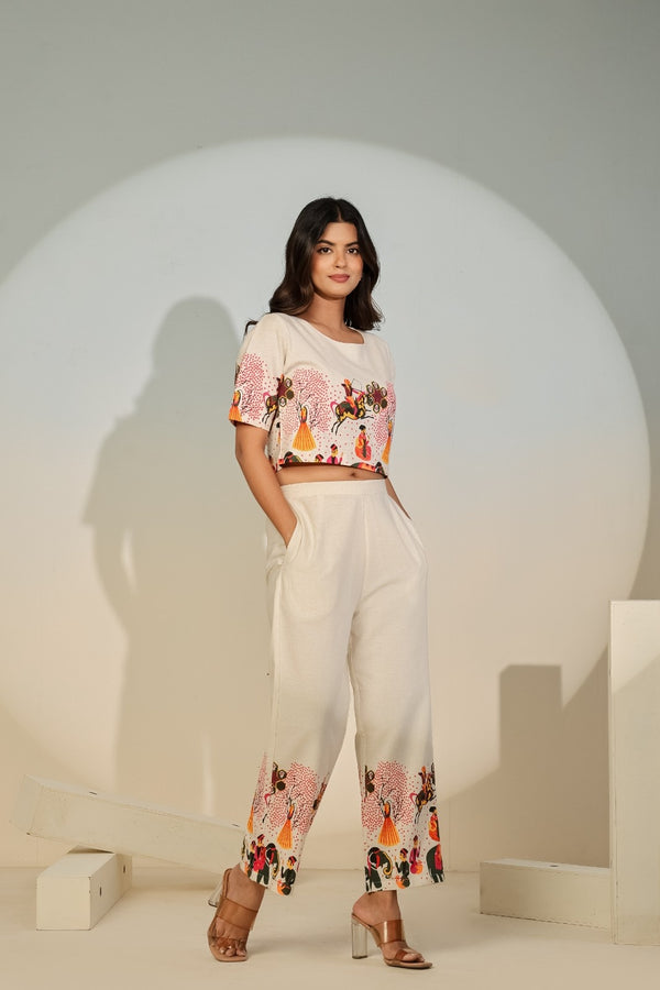 Women’s Creme Ethnic Print Co-ord Set – Stylish Crop Outfit