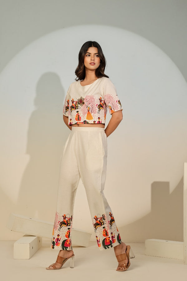 Women’s Creme Ethnic Print Co-ord Set – Stylish Crop Outfit