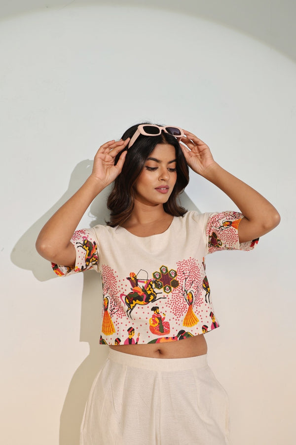 Women’s Creme Ethnic Print Co-ord Set – Stylish Crop Outfit