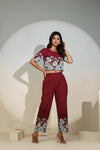 Maroon Floral Printed Co-ord Set for Women – Crop Top & Pants