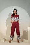 Maroon Floral Printed Co-ord Set for Women – Crop Top & Pants