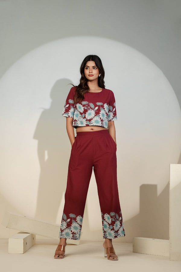 Maroon Floral Printed Co-ord Set for Women – Crop Top & Pants