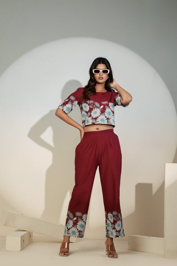 Maroon Floral Printed Co-ord Set for Women – Crop Top & Pants
