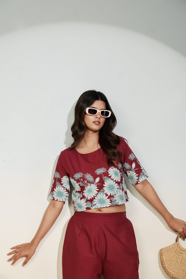 Maroon Floral Printed Co-ord Set for Women – Crop Top & Pants