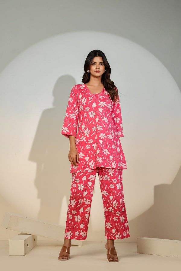 Pink Floral Co-Ord Set for Women – Casual Cotton Lounge Wear