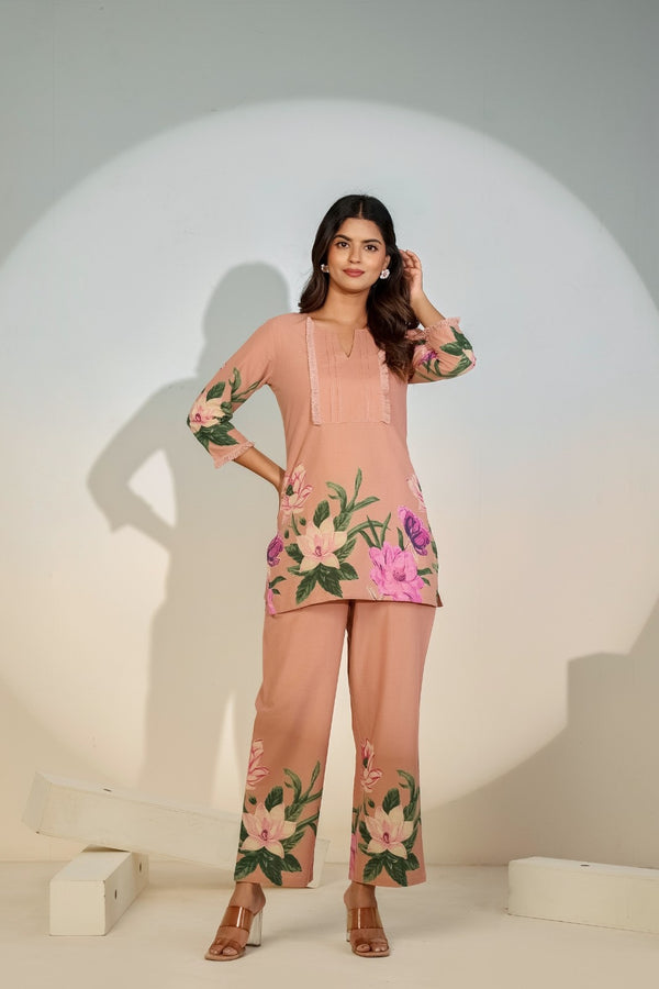 Peach Floral Co-Ord Set for Women – Elegant Printed Outfit
