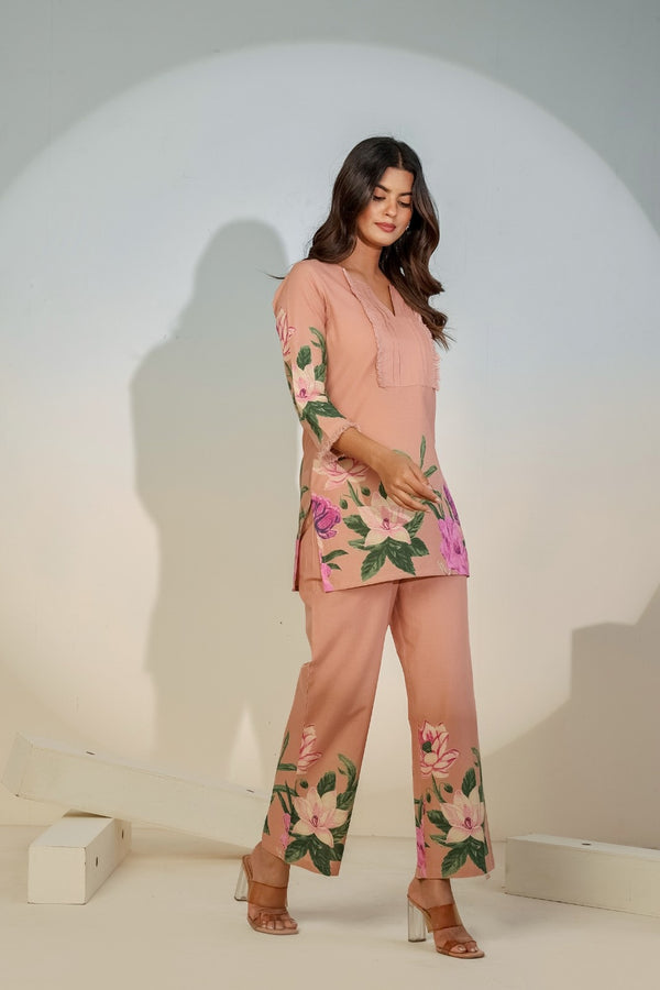 Peach Floral Co-Ord Set for Women – Elegant Printed Outfit