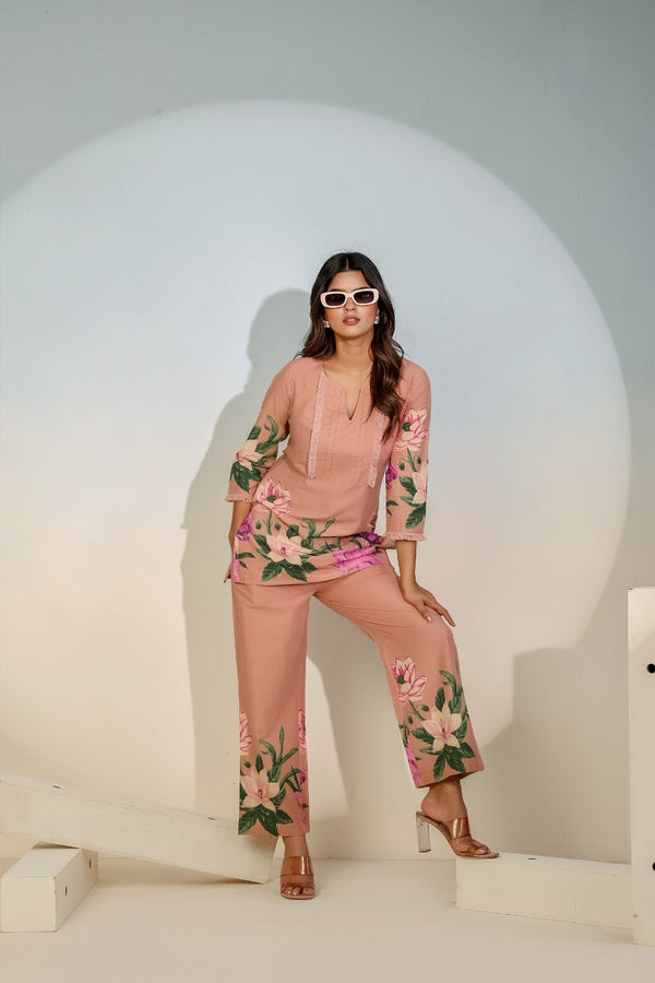 Peach Floral Co-Ord Set for Women – Elegant Printed Outfit