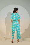 Turquoise Floral Printed Co-ord Set for Women – Crop Top & Pants