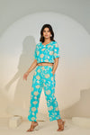 Turquoise Floral Printed Co-ord Set for Women – Crop Top & Pants