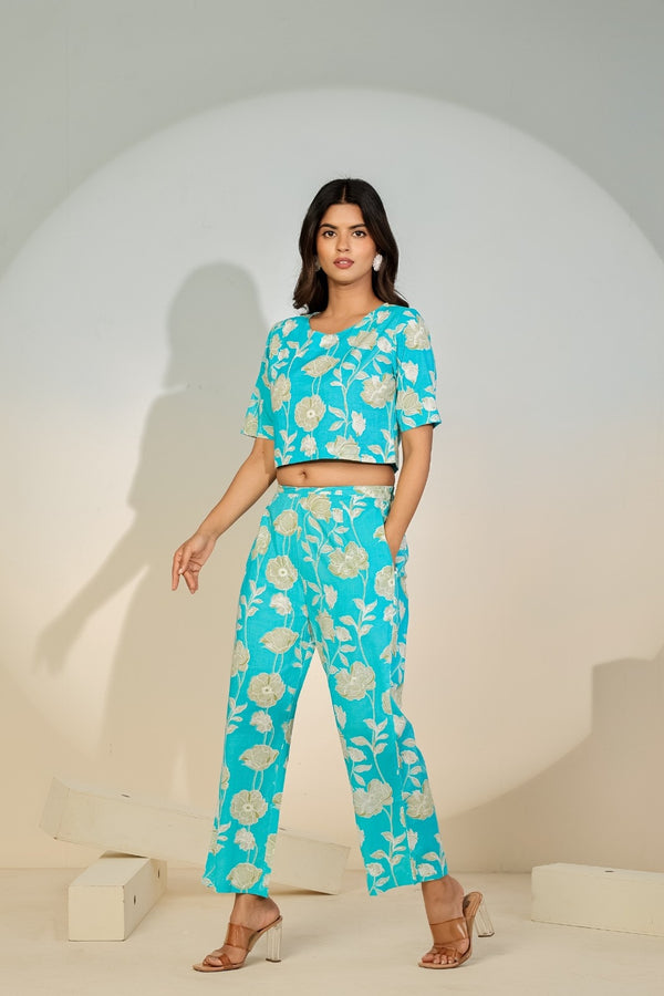 Turquoise Floral Printed Co-ord Set for Women – Crop Top & Pants