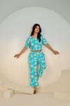 Turquoise Floral Printed Co-ord Set for Women – Crop Top & Pants