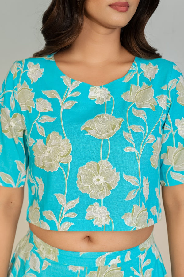 Turquoise Floral Printed Co-ord Set for Women – Crop Top & Pants