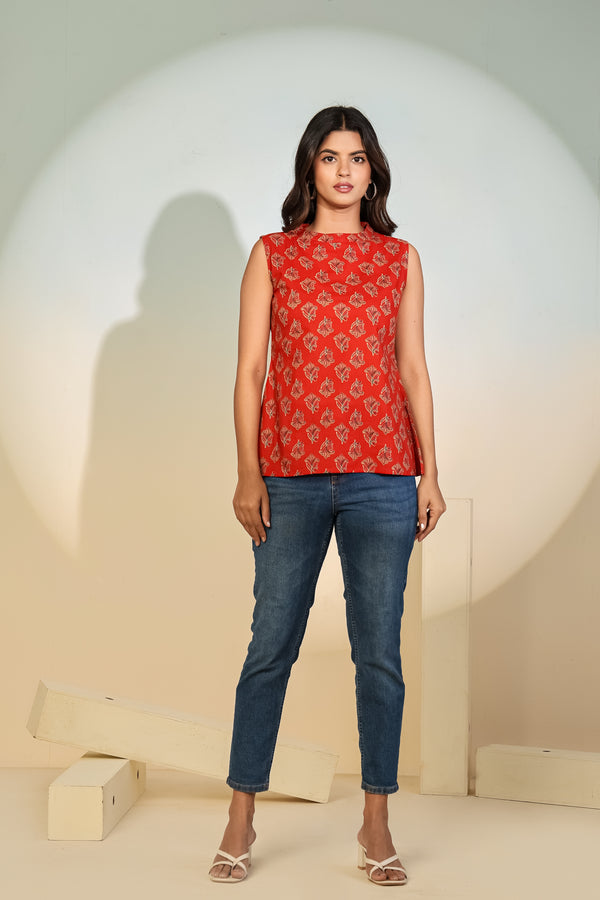 Aurelia Scarlet Peplum Top – Women’s Red Printed Sleeveless Ethnic Designer Top