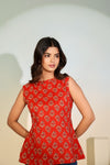 Aurelia Scarlet Peplum Top – Women’s Red Printed Sleeveless Ethnic Designer Top