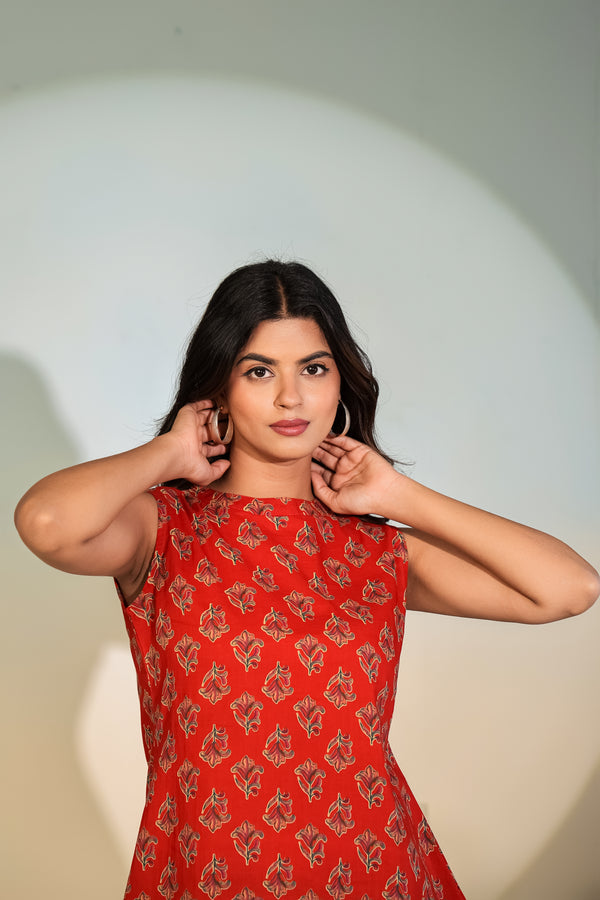 Aurelia Scarlet Peplum Top – Women’s Red Printed Sleeveless Ethnic Designer Top