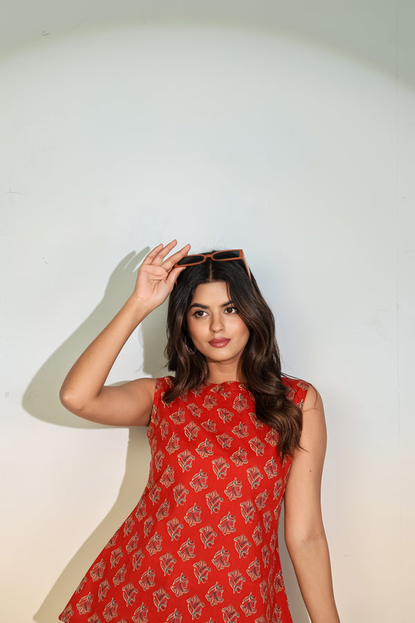 Aurelia Scarlet Peplum Top – Women’s Red Printed Sleeveless Ethnic Designer Top