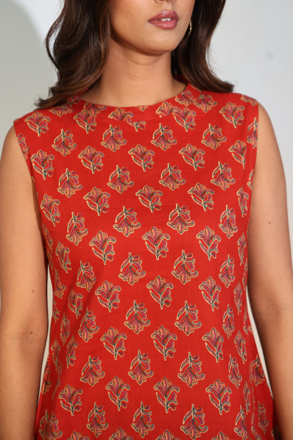 Aurelia Scarlet Peplum Top – Women’s Red Printed Sleeveless Ethnic Designer Top