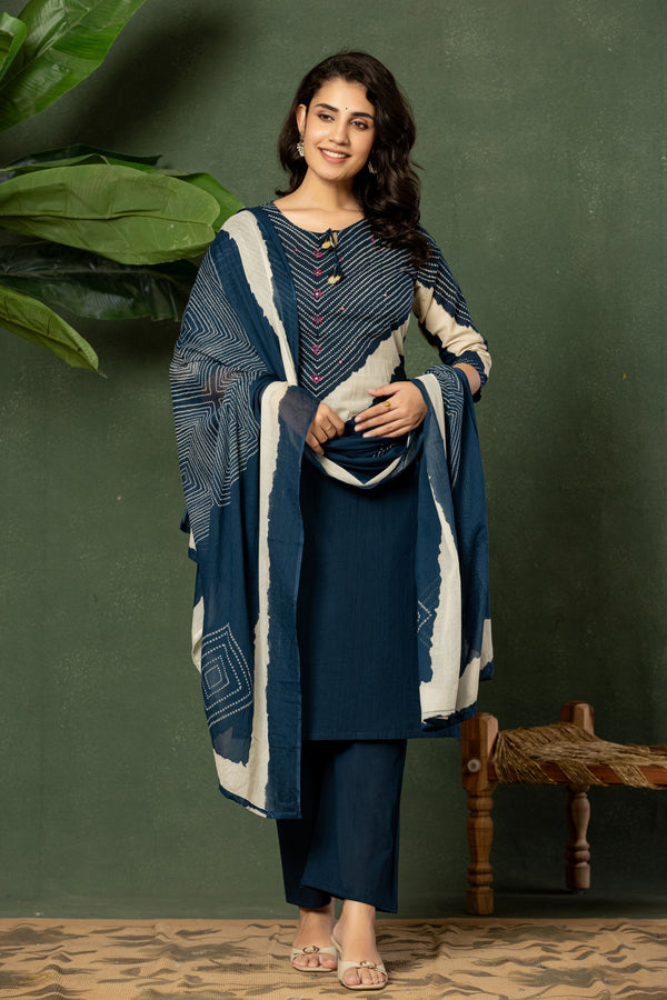 Indigo Heritage – Premium Cotton Kurta Pant with Dupatta Set