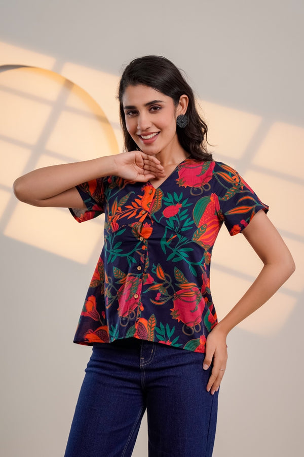 Midnight Bloom – Pure Cotton Floral Printed Top for Women