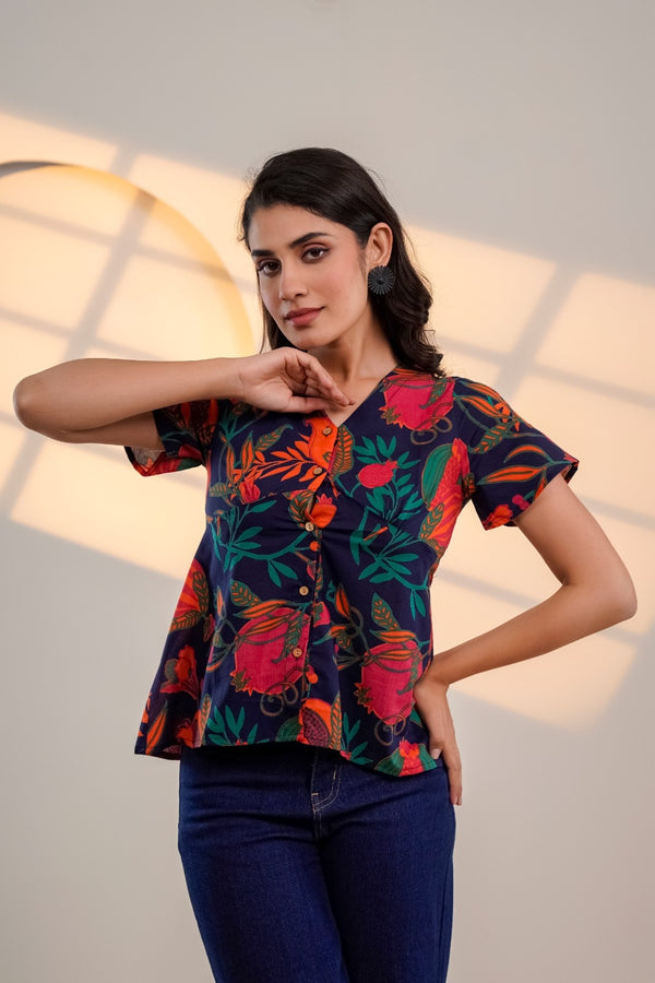 Midnight Bloom – Pure Cotton Floral Printed Top for Women