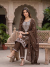 Cocoa Bloom – Brown Floral Embroidered Kurta Pant with Dupatta Set