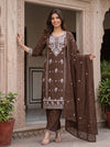 Cocoa Bloom – Brown Floral Embroidered Kurta Pant with Dupatta Set